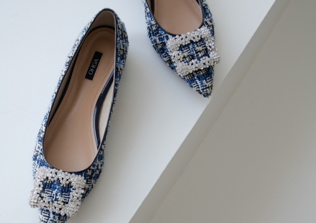 OHGA TWEED BIJOU PUMPS ブルー ツイード パンプス-